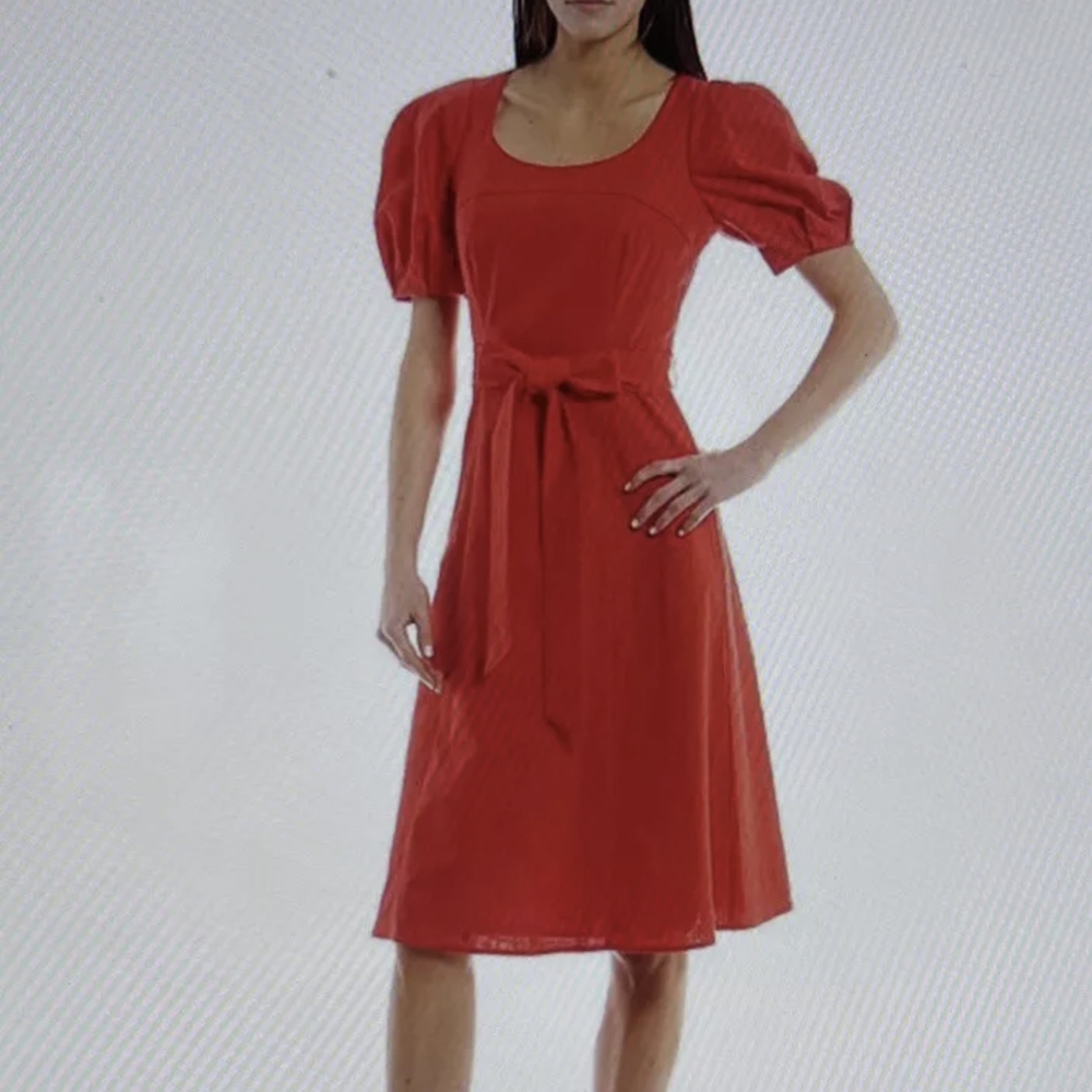 Alex Marie Women's Marcy Scoop Neck Short Puff Sleeve Linen Tie Waist Dress Sz 4